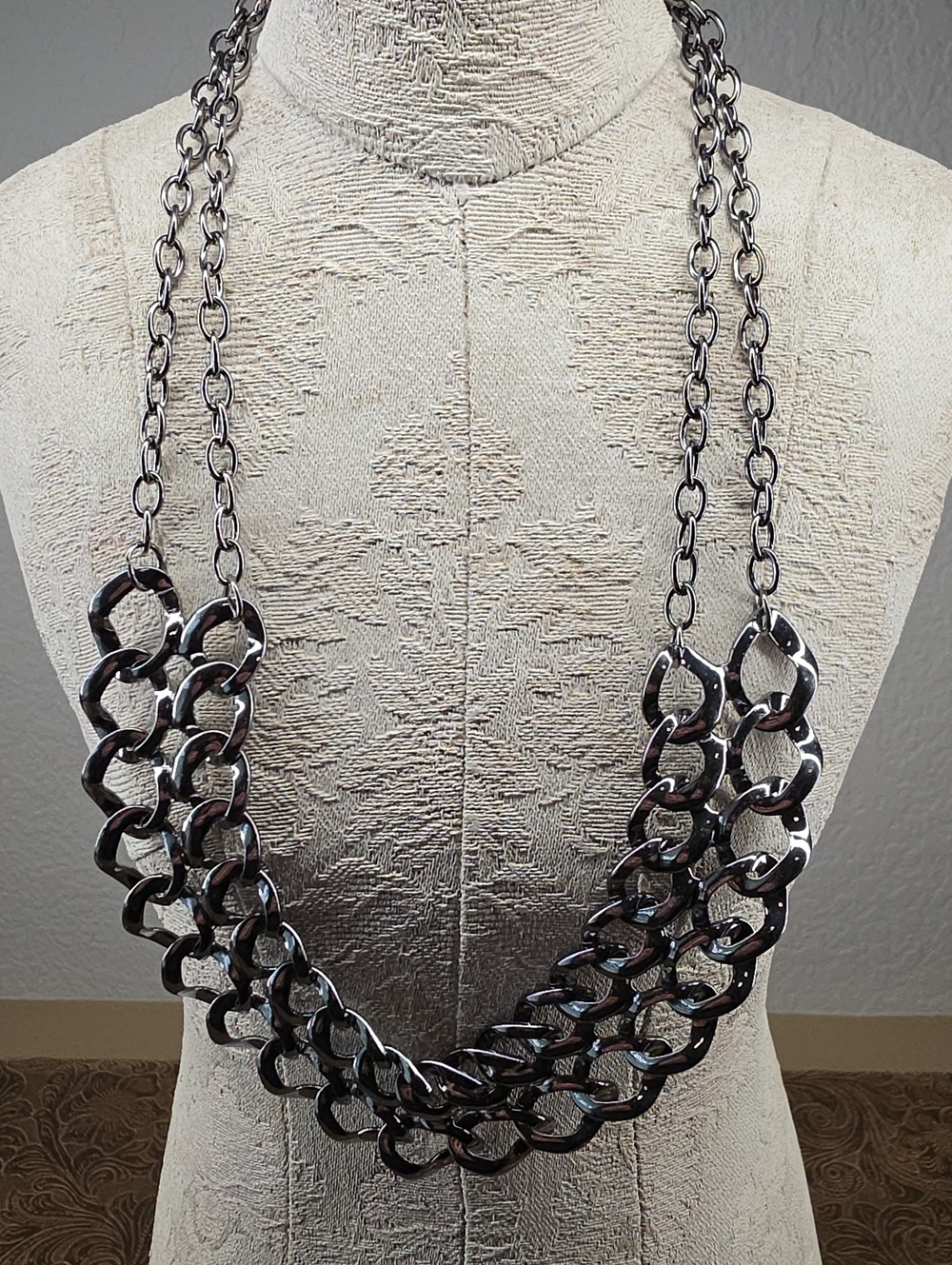 Chunky Gunmetal Double Layered Chain Interlocking Link Statement Necklace